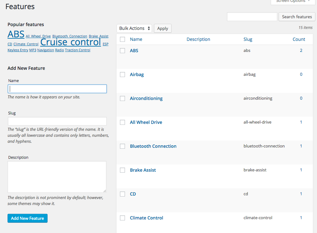 Car Features can be managed like WordPress tags