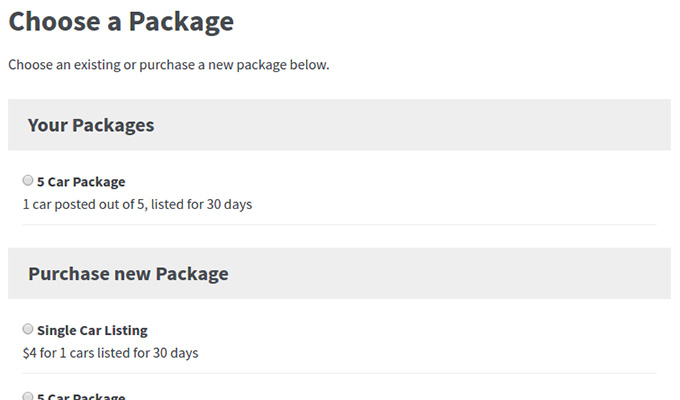 WP Car Manager WooCommerce Paid Listings Select Package Screen