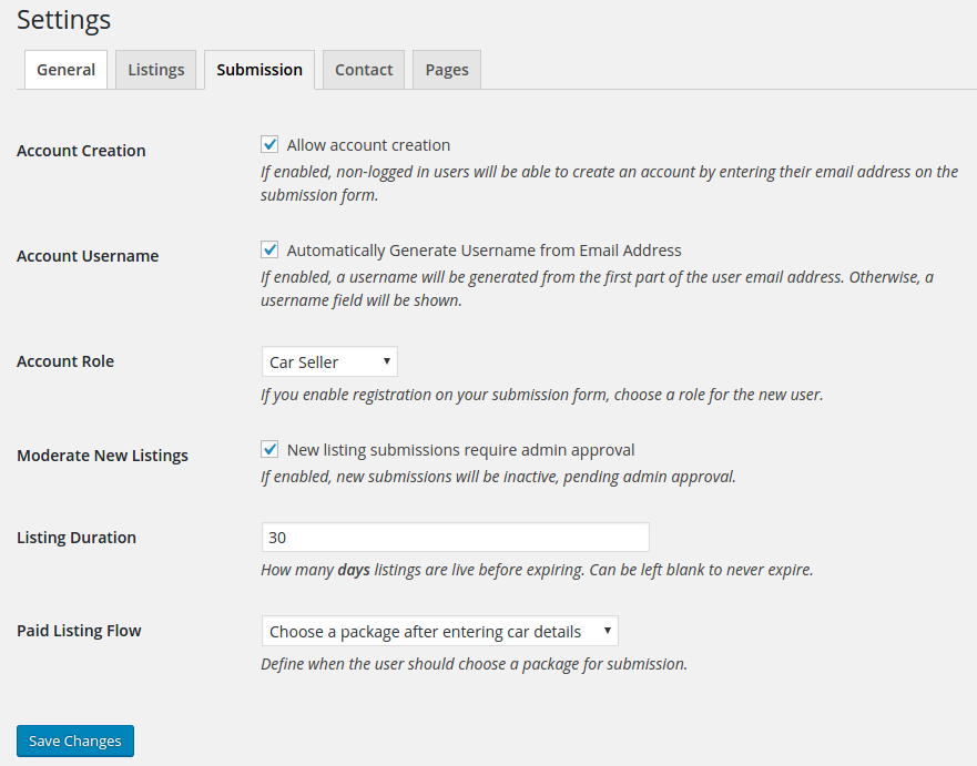 Setting up the Car Submission Settings