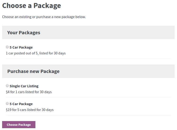 Users can choose one of the available packages when creating a listing on you website