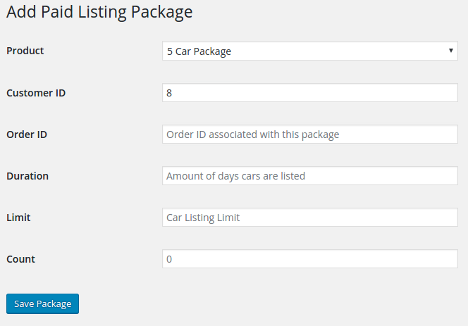 Adding a Car Package to a user
