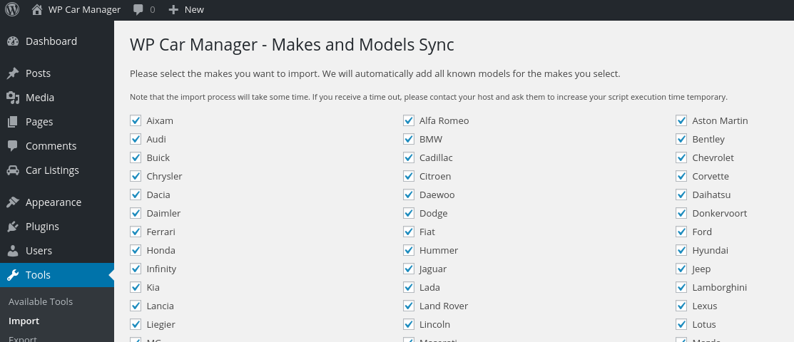 Select the Makes you want to import and press the 'Import Makes & Models' button.