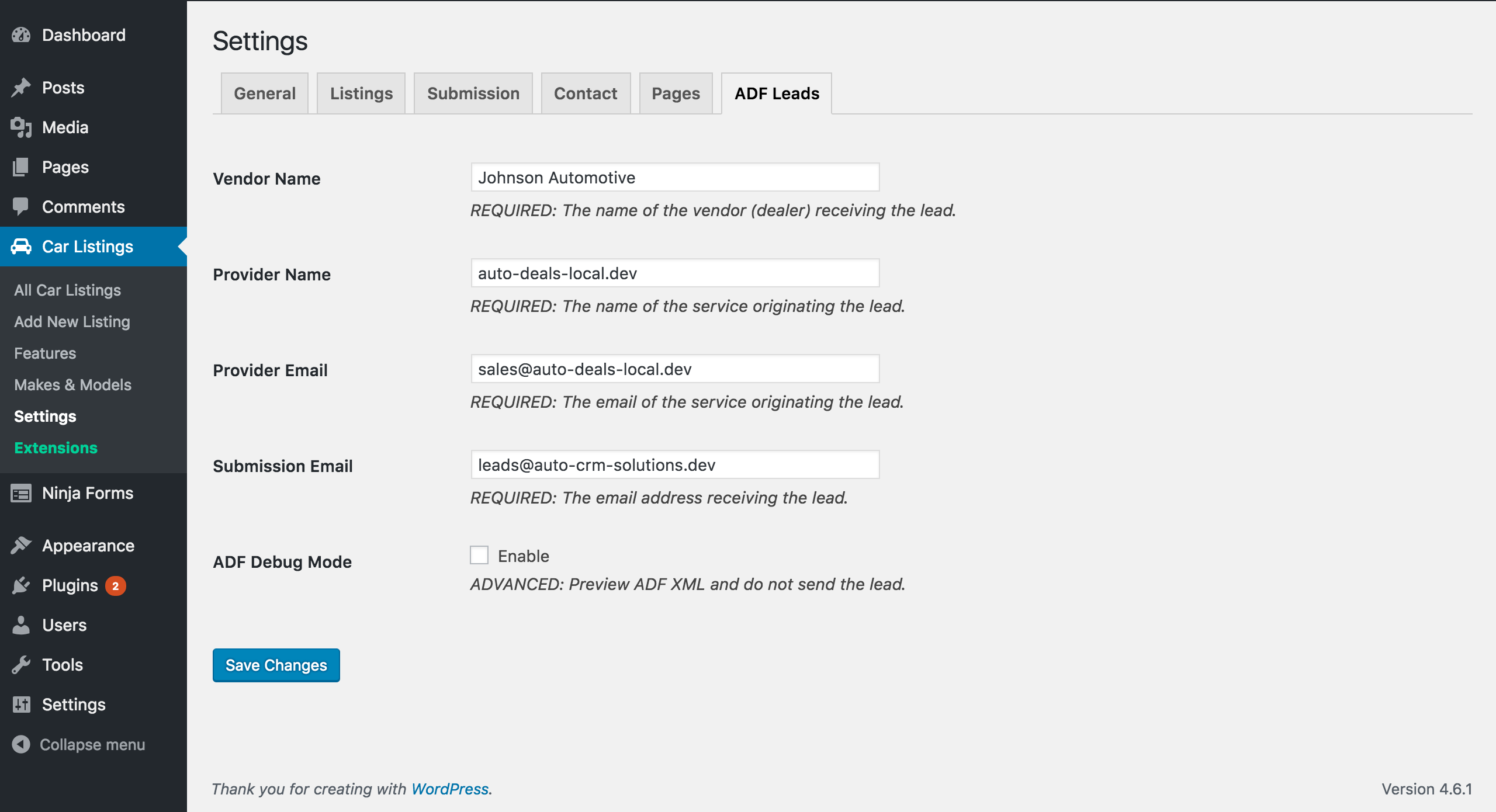 WP Car Manager - ADF Leads Settings