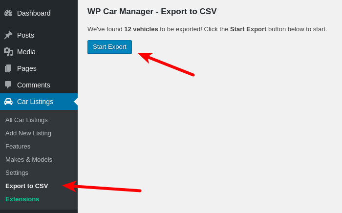 Press the "Start Export" button to download the CSV file